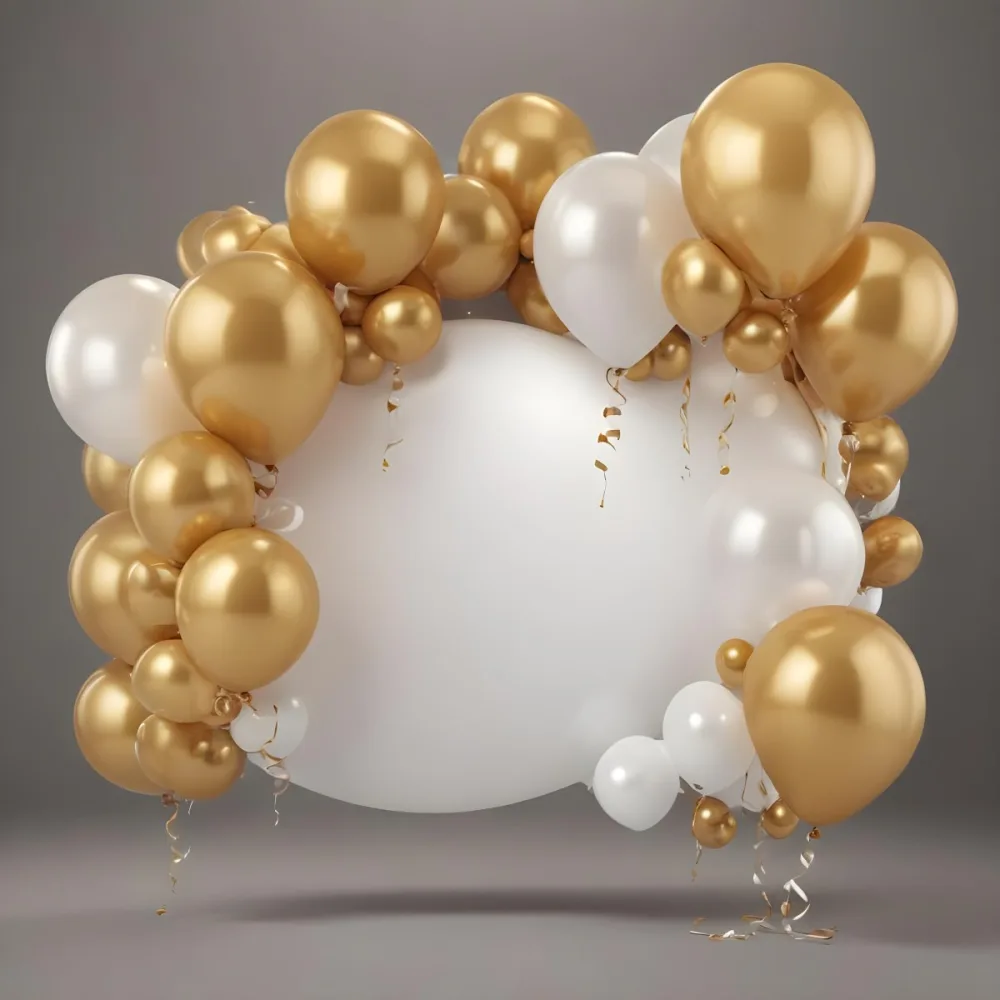 3d Model A Wreath Made Of Gold And White Balloons Floating Against A Gray Background Figure Octane Render Volumetric Highly Detailed Videogame Aesthetic 32 0763
