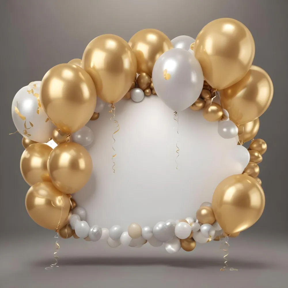 3d Model A Wreath Made Of Gold And White Balloons Floating Against A Gray Background Figure Octane Render Volumetric Highly Detailed Videogame Aesthetic 33 4751