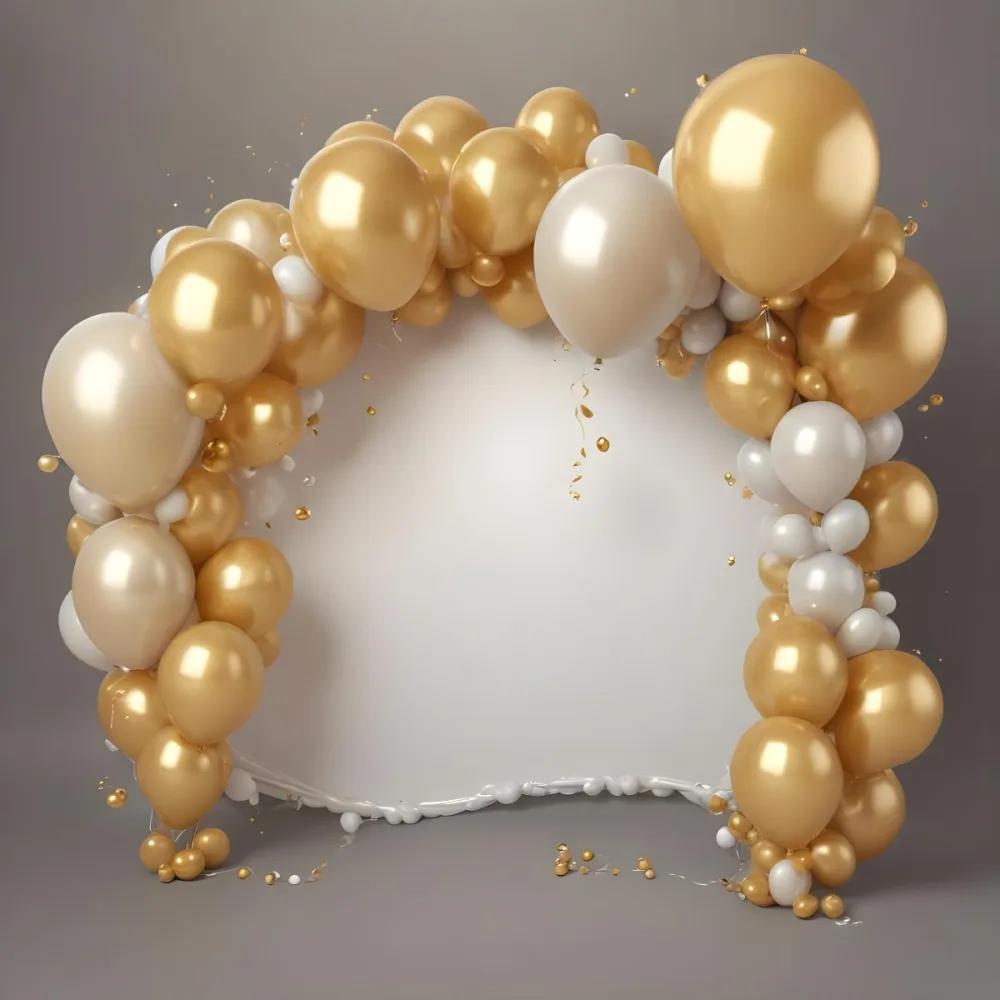 3d Model A Wreath Made Of Gold And White Balloons Floating Against A Gray Background Figure Octane Render Volumetric Highly Detailed Videogame Aesthetic 34 F28d