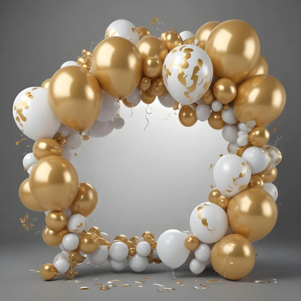 3d Model A Wreath Made Of Gold And White Balloons Floating Against A Gray Background Figure Octane Render Volumetric Highly Detailed Videogame Aesthetic 35 12bc