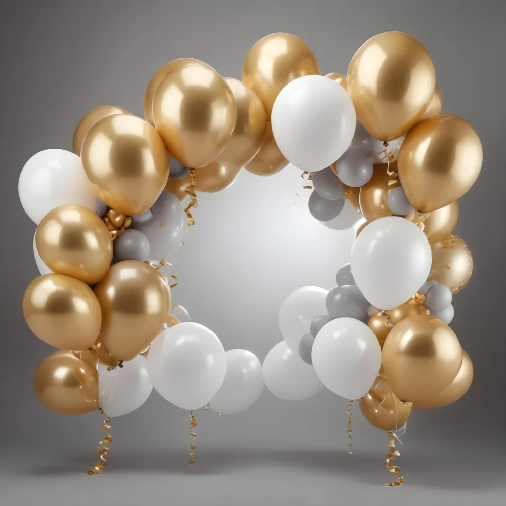 3d Model A Wreath Made Of Gold And White Balloons Floating Against A Gray Background Figure Octane Render Volumetric Highly Detailed Videogame Aesthetic 5 7234