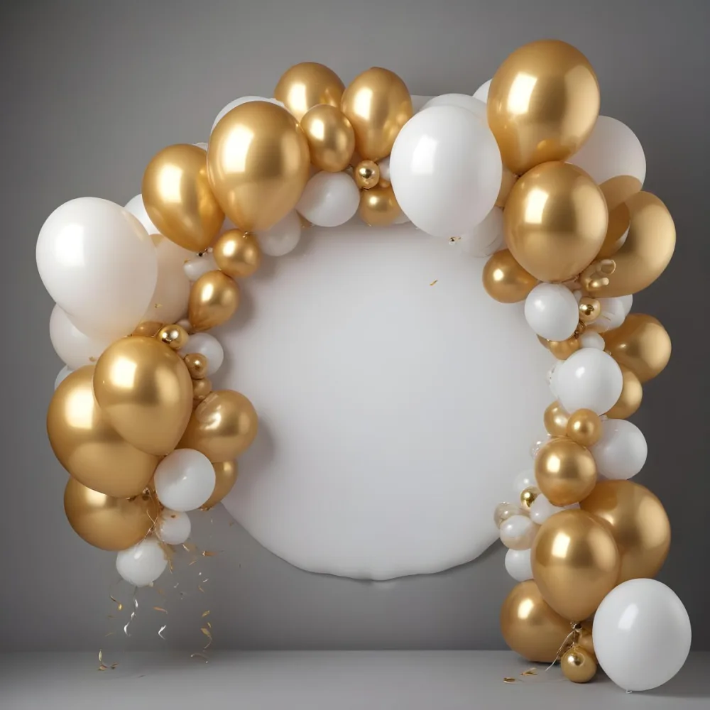 3d Model A Wreath Made Of Gold And White Balloons Floating Against A Gray Background Figure Octane Render Volumetric Highly Detailed Videogame Aesthetic 9 2c4c