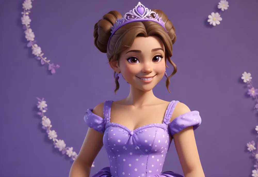 3d Model A Young Girl With Light Brown Skin And Brown Hair Styled In A Bun Wearing A Purple Princess Dress With A Floral Design She Has A Tiara On Her Head And Is Smiling The Background Is A Solid Purple With White P 1 2758