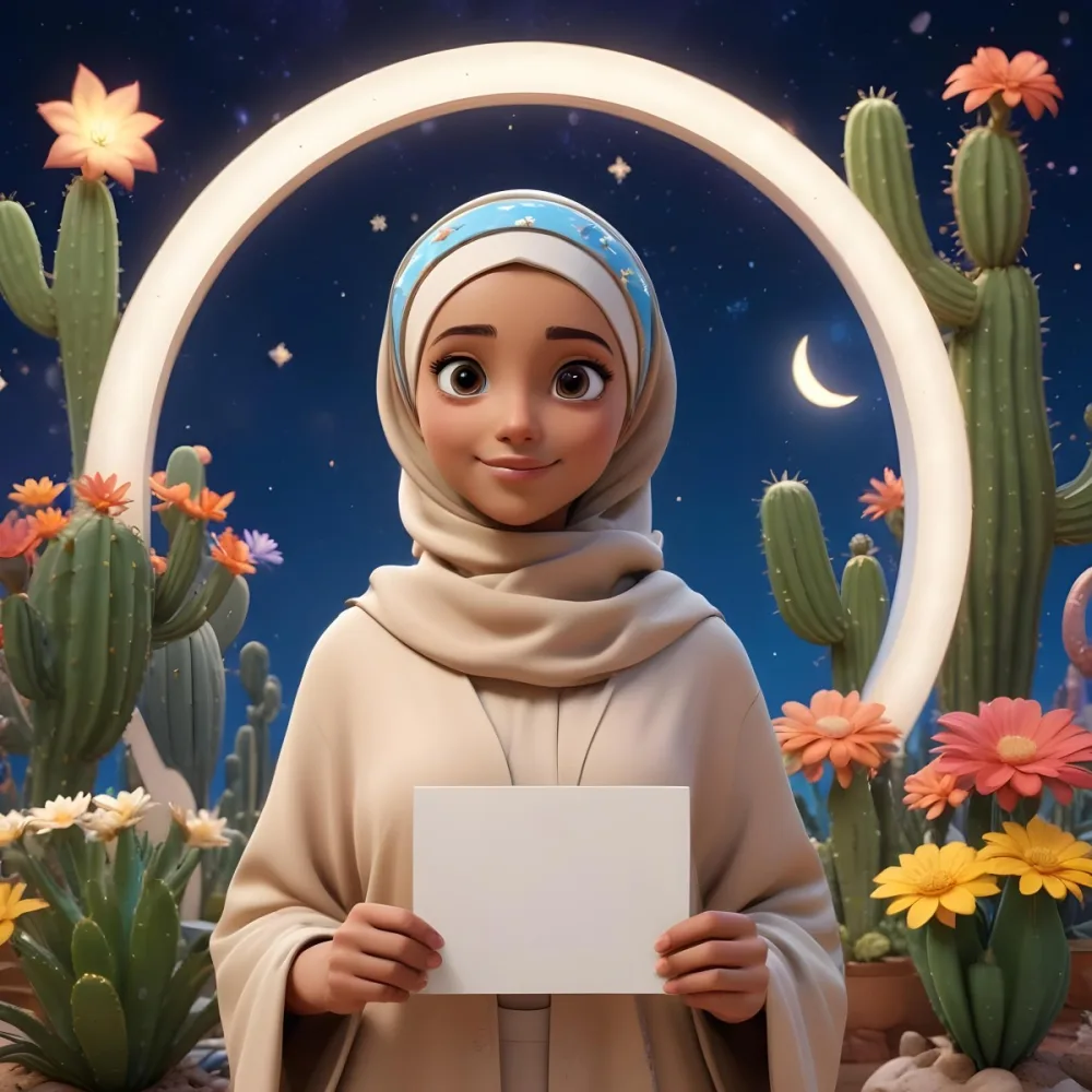 3d Model A Young Girl With Light Brown Skin And Large Expressive Eyes Wearing A Beige Hijab And A Blue Headband She Holds A Blank White Sign In Front Of Her The Background Features Colorful Flowers Cacti And Whi 4 1cc1