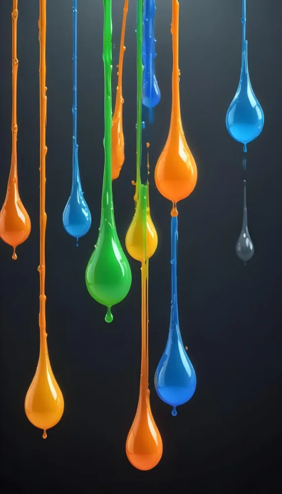 3d Model Colorful Glossy Liquid Drops Hanging From The Ceiling Vibrant Hues Of Blue Green Gray And Orange Smooth And Reflective Surfaces Minimalist Composition Dark Gray Background Figure Octane Render Volu 10 B222