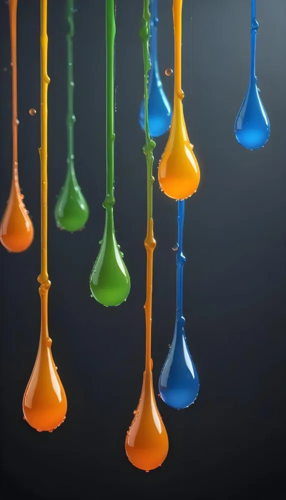 3d Model Colorful Glossy Liquid Drops Hanging From The Ceiling Vibrant Hues Of Blue Green Gray And Orange Smooth And Reflective Surfaces Minimalist Composition Dark Gray Background Figure Octane Render Volu 14 7247