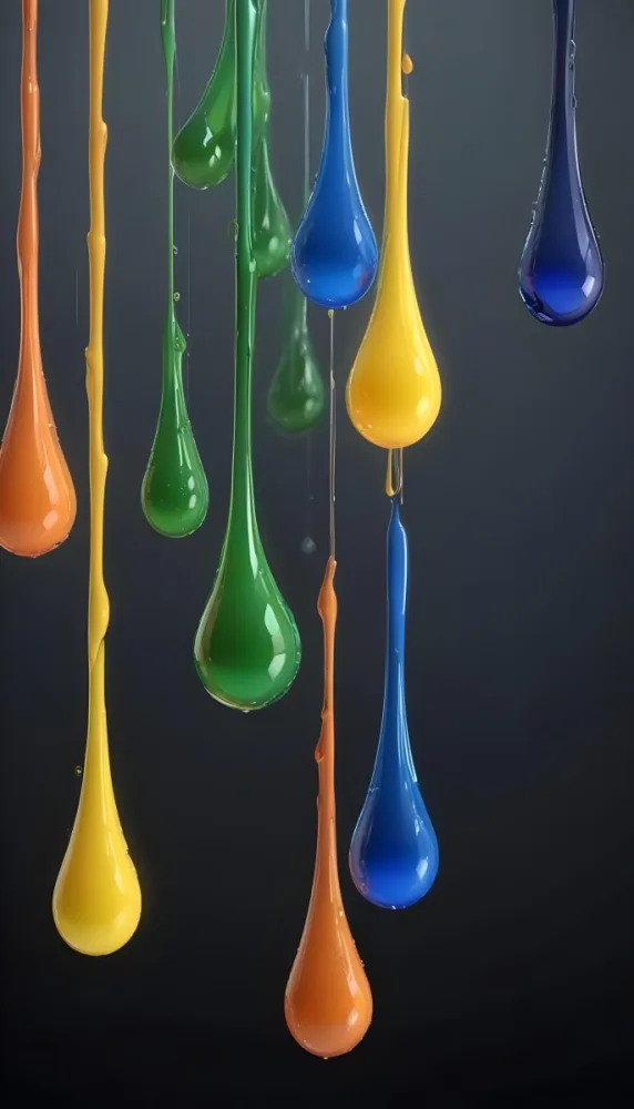 3d Model Colorful Glossy Liquid Drops Hanging From The Ceiling Vibrant Hues Of Blue Green Gray And Orange Smooth And Reflective Surfaces Minimalist Composition Dark Gray Background Figure Octane Render Volu 17 3aed
