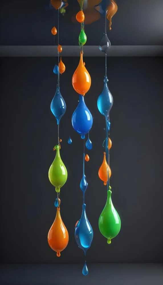 3d Model Colorful Glossy Liquid Drops Hanging From The Ceiling Vibrant Hues Of Blue Green Gray And Orange Smooth And Reflective Surfaces Minimalist Composition Dark Gray Background Figure Octane Render Volu 18 570d