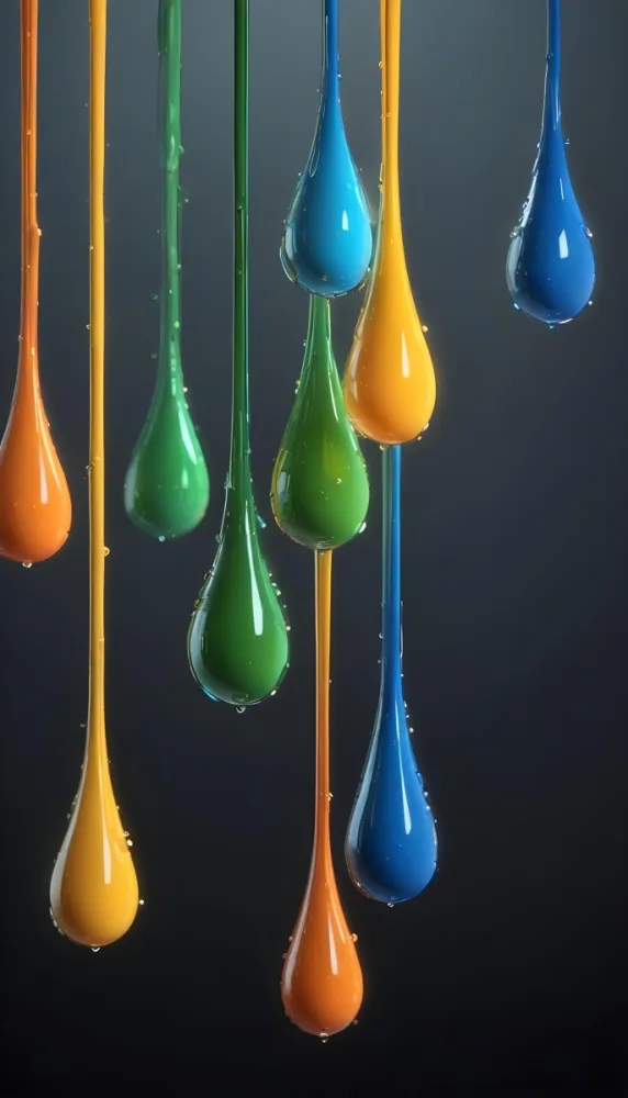 3d Model Colorful Glossy Liquid Drops Hanging From The Ceiling Vibrant Hues Of Blue Green Gray And Orange Smooth And Reflective Surfaces Minimalist Composition Dark Gray Background Figure Octane Render Volu 22 E8c8
