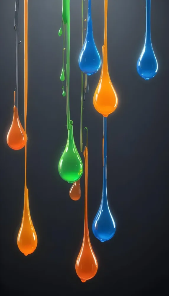 3d Model Colorful Glossy Liquid Drops Hanging From The Ceiling Vibrant Hues Of Blue Green Gray And Orange Smooth And Reflective Surfaces Minimalist Composition Dark Gray Background Figure Octane Render Volu 26 D12f
