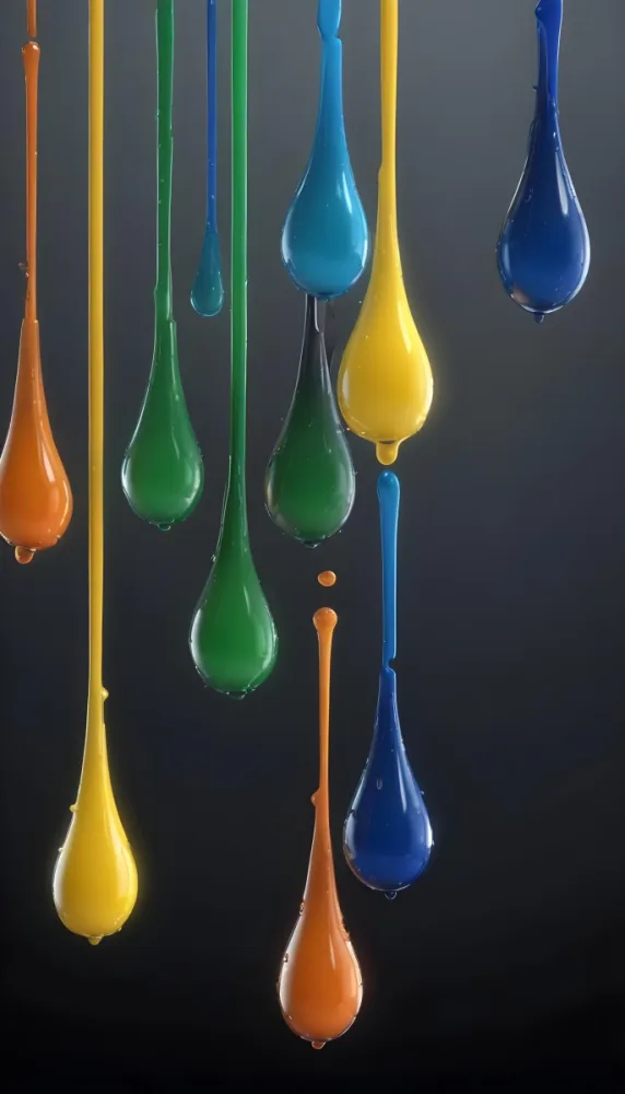 3d Model Colorful Glossy Liquid Drops Hanging From The Ceiling Vibrant Hues Of Blue Green Gray And Orange Smooth And Reflective Surfaces Minimalist Composition Dark Gray Background Figure Octane Render Volu 27 122b