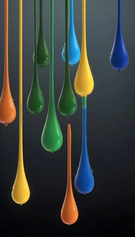 3d Model Colorful Glossy Liquid Drops Hanging From The Ceiling Vibrant Hues Of Blue Green Gray And Orange Smooth And Reflective Surfaces Minimalist Composition Dark Gray Background Figure Octane Render Volu 3 0845
