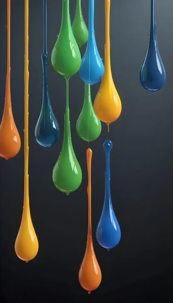 3d Model Colorful Glossy Liquid Drops Hanging From The Ceiling Vibrant Hues Of Blue Green Gray And Orange Smooth And Reflective Surfaces Minimalist Composition Dark Gray Background Figure Octane Render Volu 4 F99e