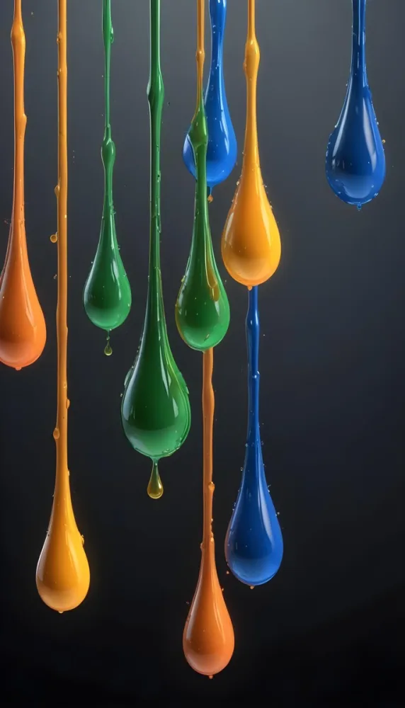 3d Model Colorful Glossy Liquid Drops Hanging From The Ceiling Vibrant Hues Of Blue Green Gray And Orange Smooth And Reflective Surfaces Minimalist Composition Dark Gray Background Figure Octane Render Volu 5 7566