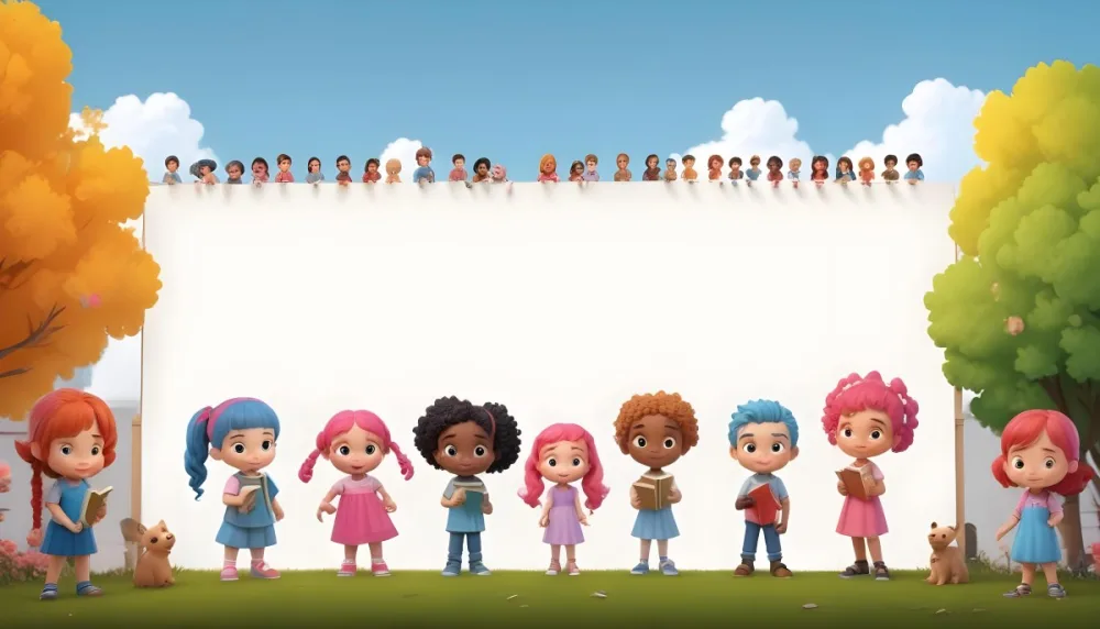 3d Model Eight Children Standing In A Line Varying In Age From Around 5 To 8 Years Old They Include A Girl With Light Skin And Blue Hair Holding A Book A Boy With Pink Hair In Pigtails Wearing A Pink Dress A Girl 3 Ffd3