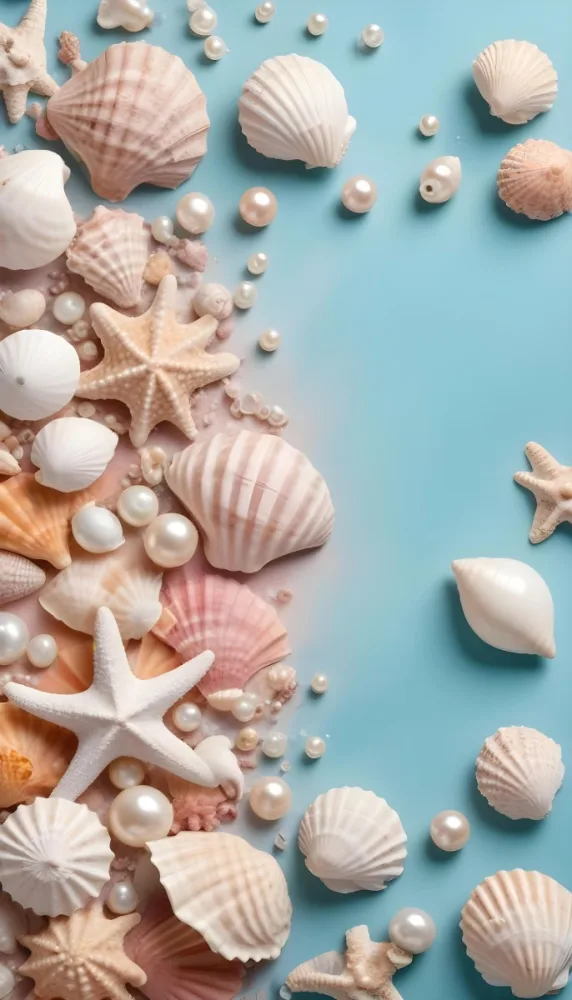 3d Model Seashells Pearls And Other Marine Elements On A Pastel Colored Background Figure Octane Render Volumetric Highly Detailed Videogame Aesthetic 5 846f