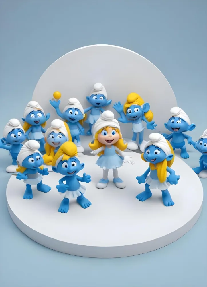3d Model Smurfette And Other Smurfs Around A White Circle Light Blue Background Figure Octane Render Volumetric Highly Detailed Videogame Aesthetic 5 C79f
