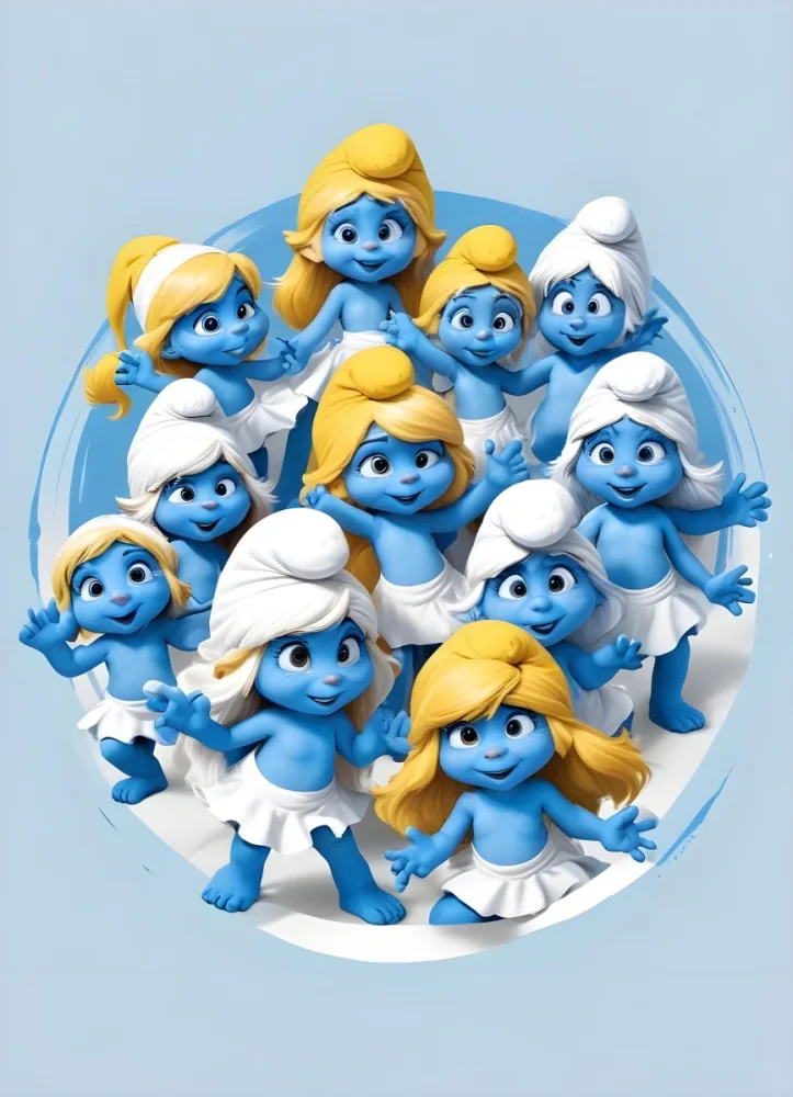 3d Model Smurfette And Other Smurfs Around A White Circle Light Blue Background Figure Octane Render Volumetric Highly Detailed Videogame Aesthetic 6 2a09
