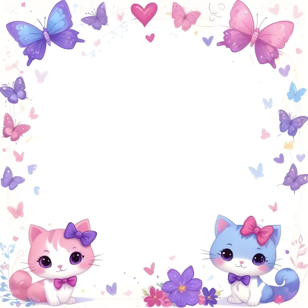 3d Model Two Cute Cartoon Cats One Purple With A Bow And One Blue With A Bow Are Positioned At The Bottom Corners The Background Is Decorated With Colorful Butterflies Hearts And Flowers In Various Shades Of Pink 8 5eca