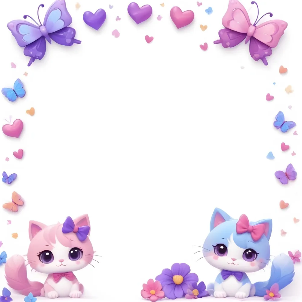 3d Model Two Cute Cartoon Cats One Purple With A Bow And One Blue With A Bow Are Positioned At The Bottom Corners The Background Is Decorated With Colorful Butterflies Hearts And Flowers In Various Shades Of Pink 81 A7f9