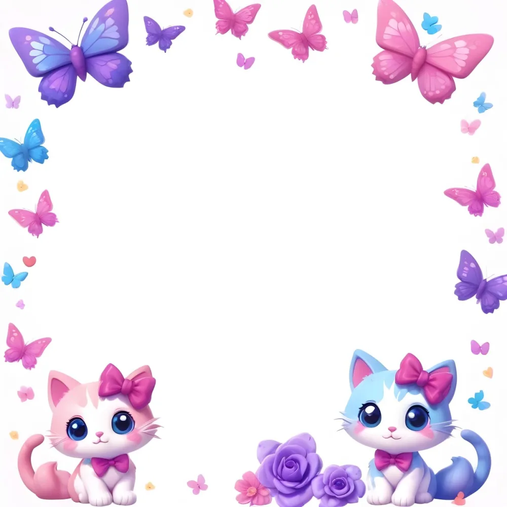 3d Model Two Cute Cartoon Cats One Purple With A Bow And One Blue With A Bow Are Positioned At The Bottom Corners The Background Is Decorated With Colorful Butterflies Hearts And Flowers In Various Shades Of Pink 9 696a