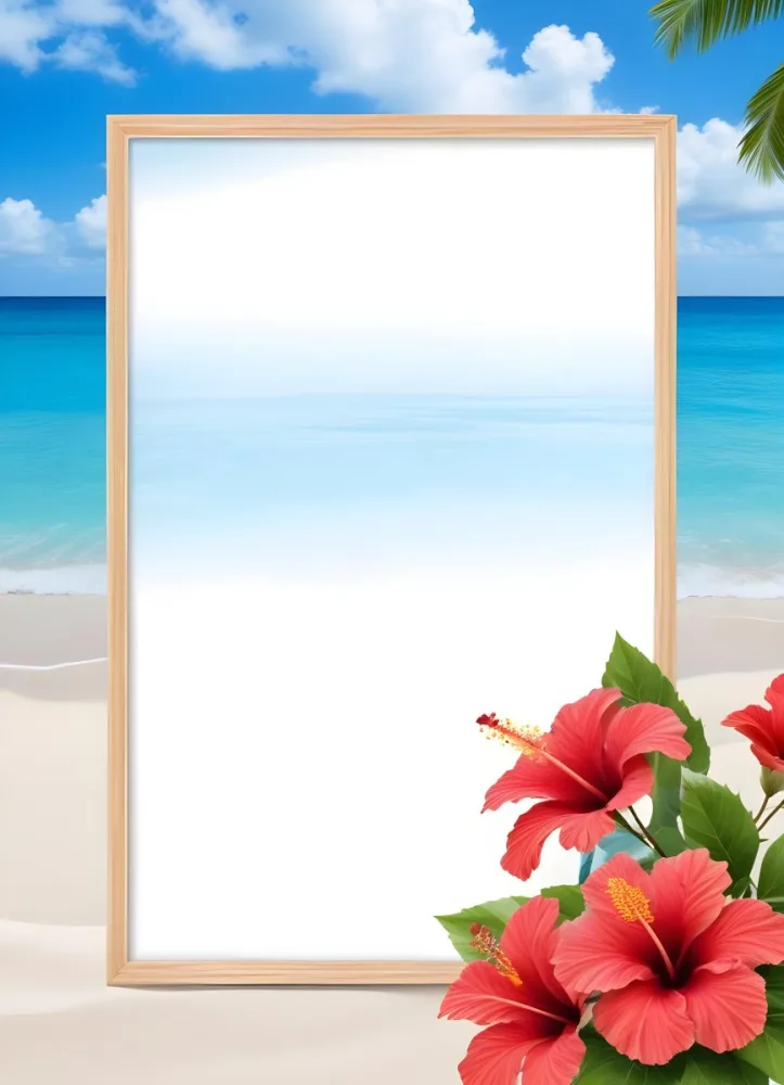 A Beach Background With White Sand Blue Sea And Sky With A Frame And Hibiscus Flowers In The Corner 5 73e8