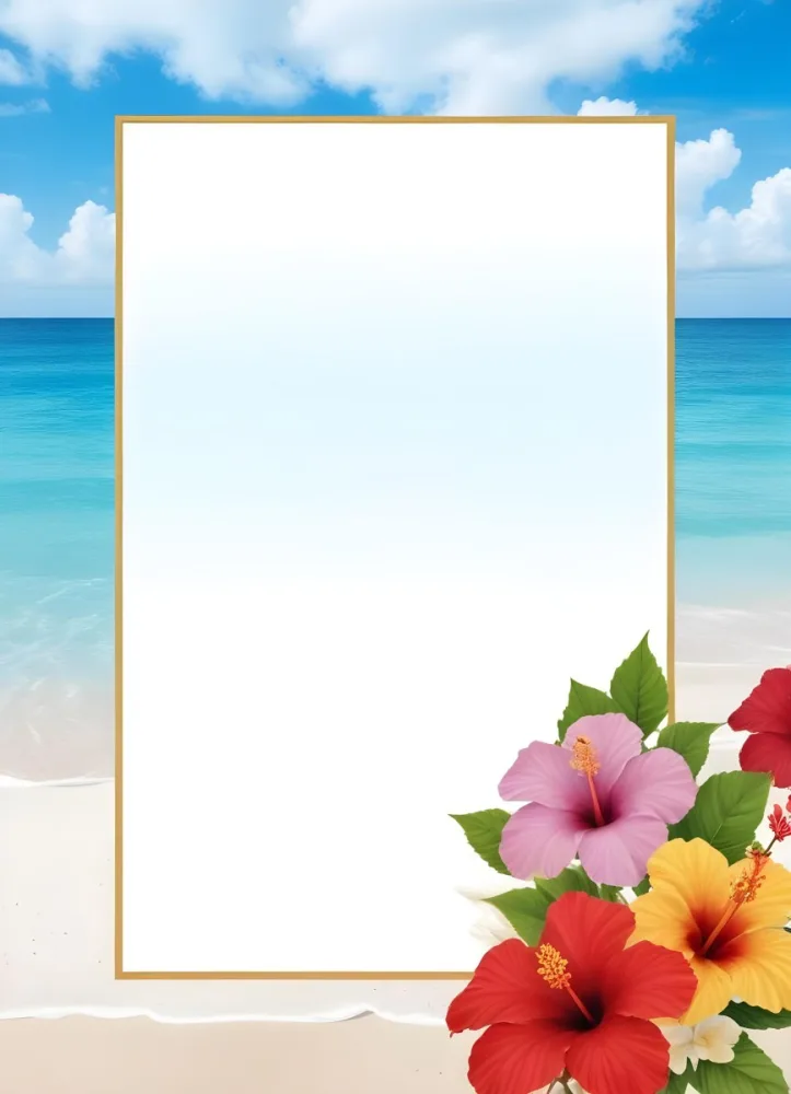 A Beach Background With White Sand Blue Sea And Sky With A Frame And Hibiscus Flowers In The Corner 6 7194
