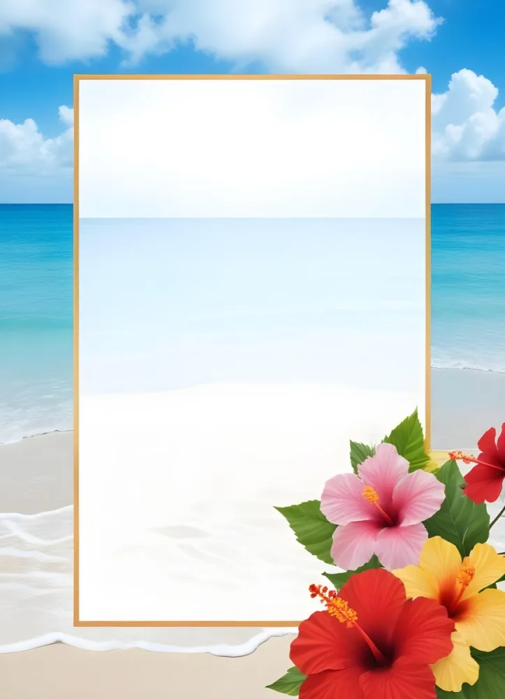 A Beach Background With White Sand Blue Sea And Sky With A Frame And Hibiscus Flowers In The Corner 7 A176