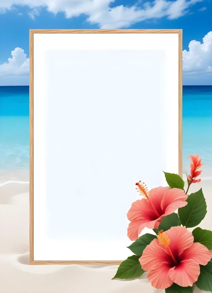 A Beach Background With White Sand Blue Sea And Sky With A Frame And Hibiscus Flowers In The Corner 8 2b0f