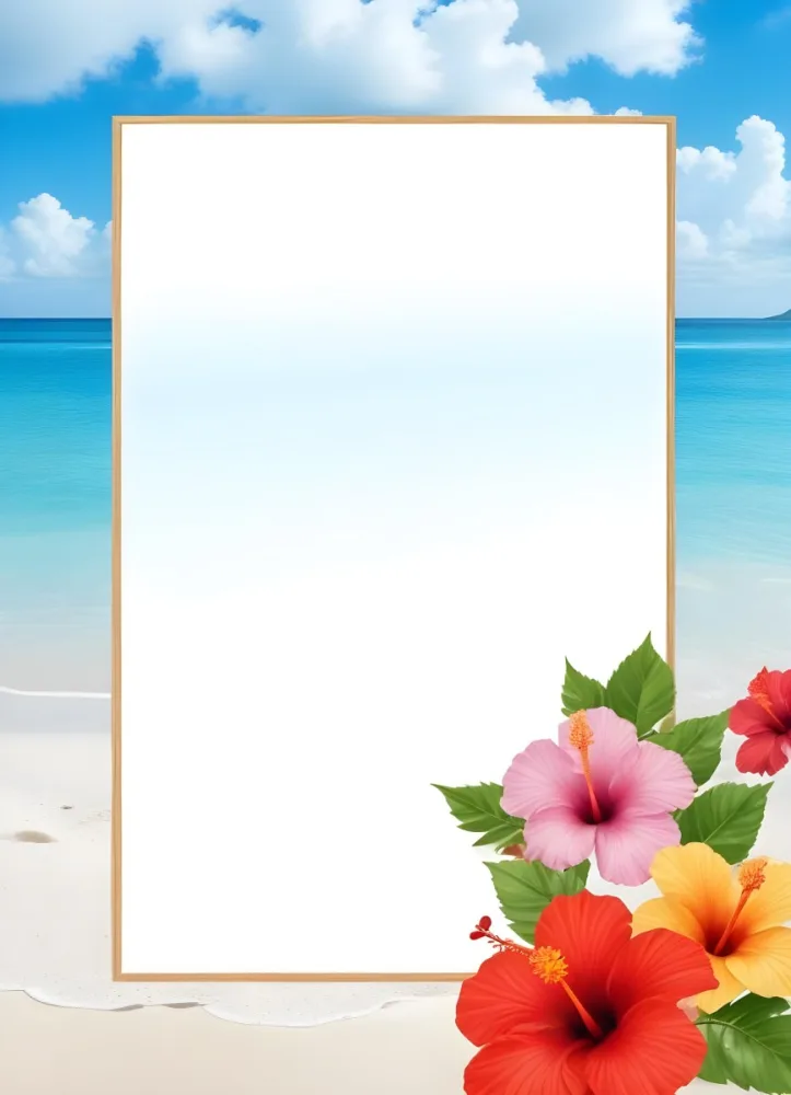 A Beach Background With White Sand Blue Sea And Sky With A Frame And Hibiscus Flowers In The Corner 9 19c7