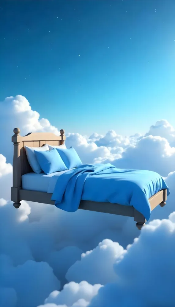 A Bed With Blue Sheets Floating On A Sea Of Clouds Blue Sky With Some Stars In The Background Dreamy Concept 1 91b4
