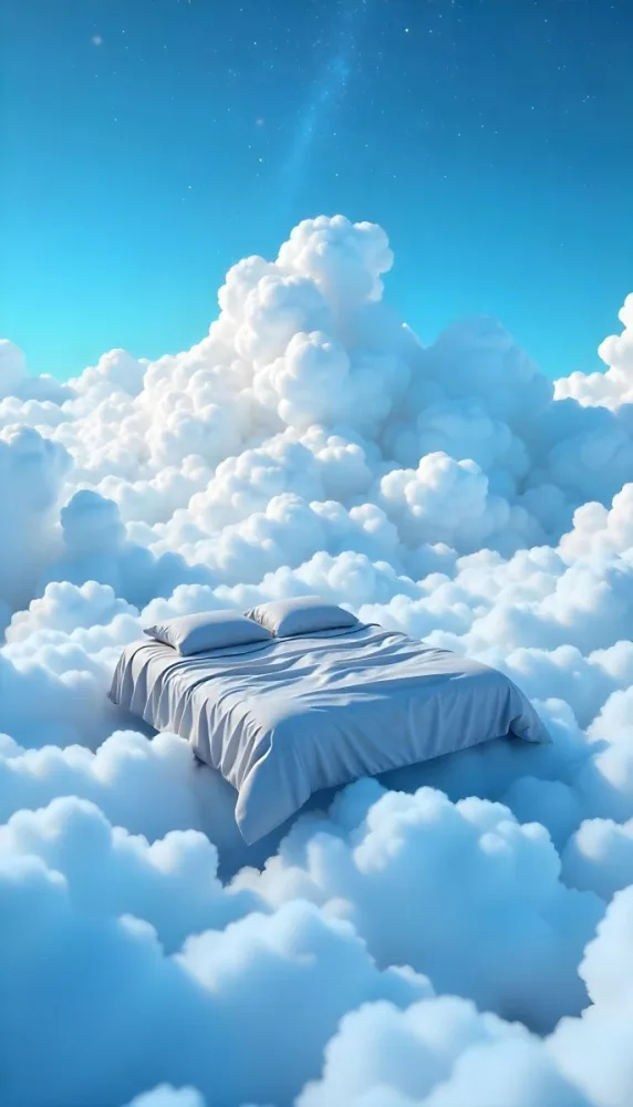 A Bed With Blue Sheets Floating On A Sea Of Clouds Blue Sky With Some Stars In The Background Dreamy Concept 11 6aba