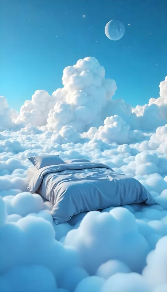 A Bed With Blue Sheets Floating On A Sea Of Clouds Blue Sky With Some Stars In The Background Dreamy Concept 12 83f5