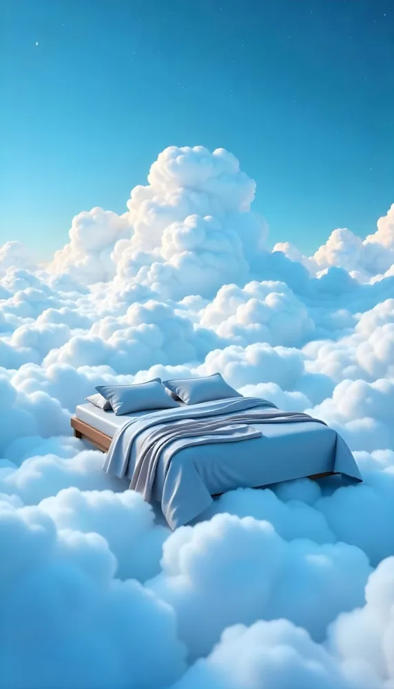 A Bed With Blue Sheets Floating On A Sea Of Clouds Blue Sky With Some Stars In The Background Dreamy Concept 19 Bc98