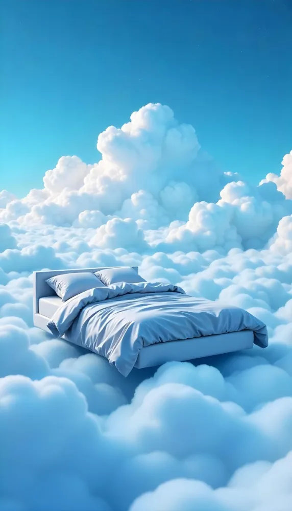 A Bed With Blue Sheets Floating On A Sea Of Clouds Blue Sky With Some Stars In The Background Dreamy Concept 20 45ba