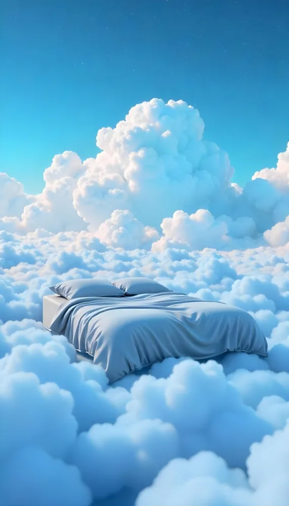 A Bed With Blue Sheets Floating On A Sea Of Clouds Blue Sky With Some Stars In The Background Dreamy Concept 21 267f