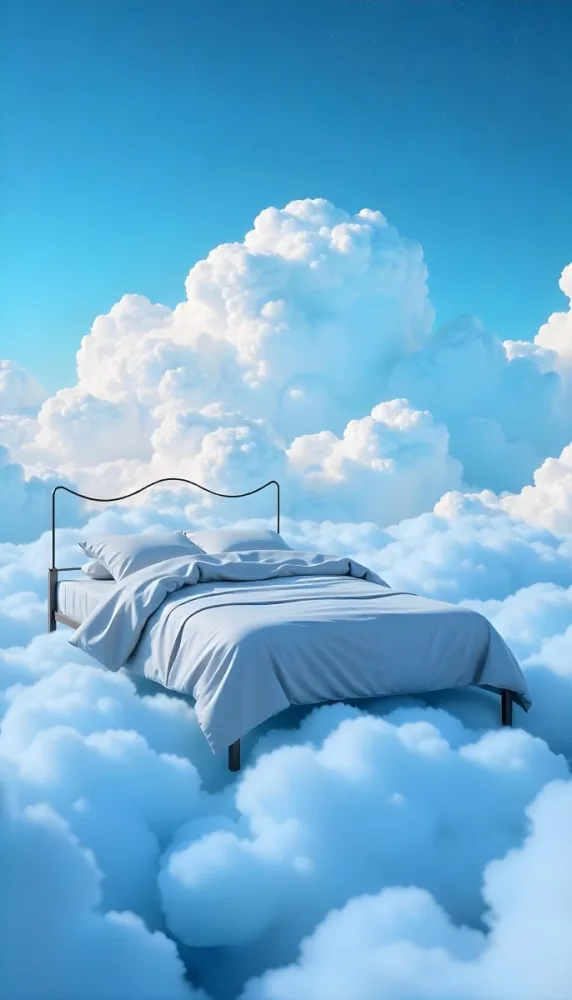 A Bed With Blue Sheets Floating On A Sea Of Clouds Blue Sky With Some Stars In The Background Dreamy Concept 23 484c