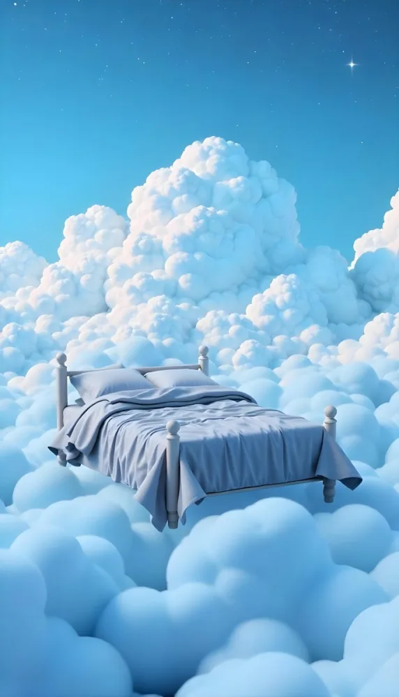 A Bed With Blue Sheets Floating On A Sea Of Clouds Blue Sky With Some Stars In The Background Dreamy Concept 24 96e0