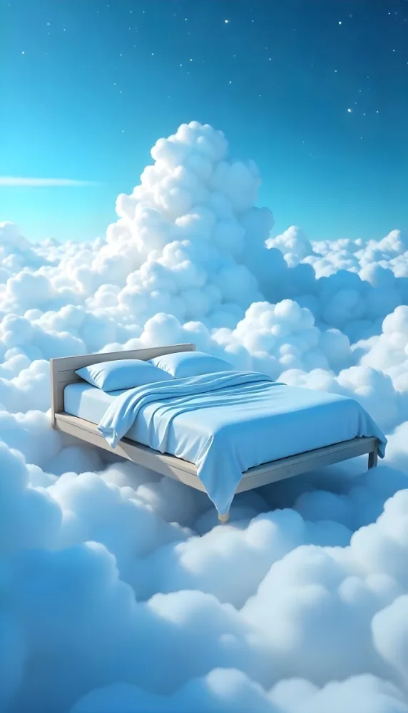 A Bed With Blue Sheets Floating On A Sea Of Clouds Blue Sky With Some Stars In The Background Dreamy Concept 3 A407
