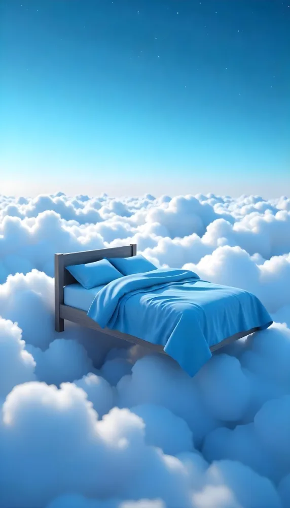A Bed With Blue Sheets Floating On A Sea Of Clouds Blue Sky With Some Stars In The Background Dreamy Concept 5 E12c