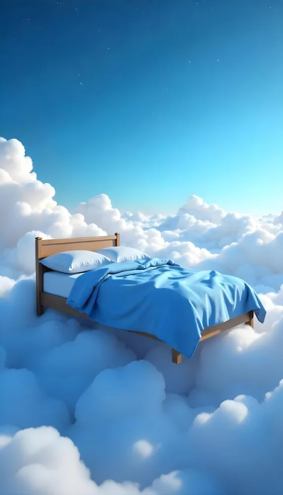 A Bed With Blue Sheets Floating On A Sea Of Clouds Blue Sky With Some Stars In The Background Dreamy Concept 7 4221