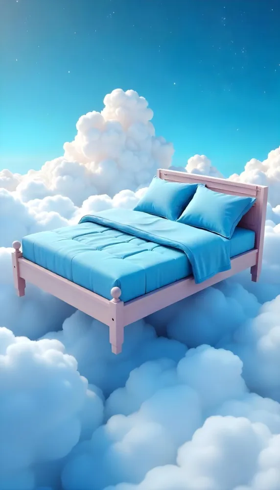 A Bed With Blue Sheets Floating On A Sea Of Clouds Blue Sky With Some Stars In The Background Dreamy Concept 9 5209