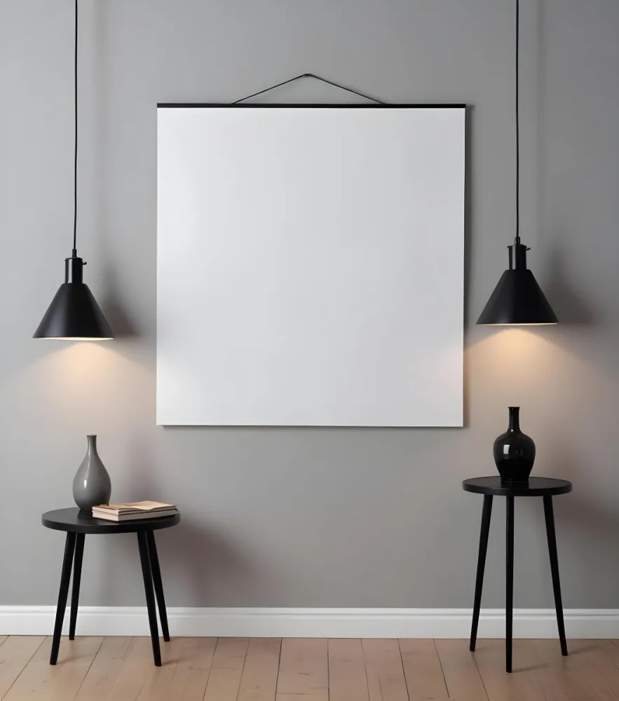 A Blank White Canvas Hanging On A Gray Wall With Two Black Pendant Lights Above It Surrounded By A Colorful Mural And Illuminated 5