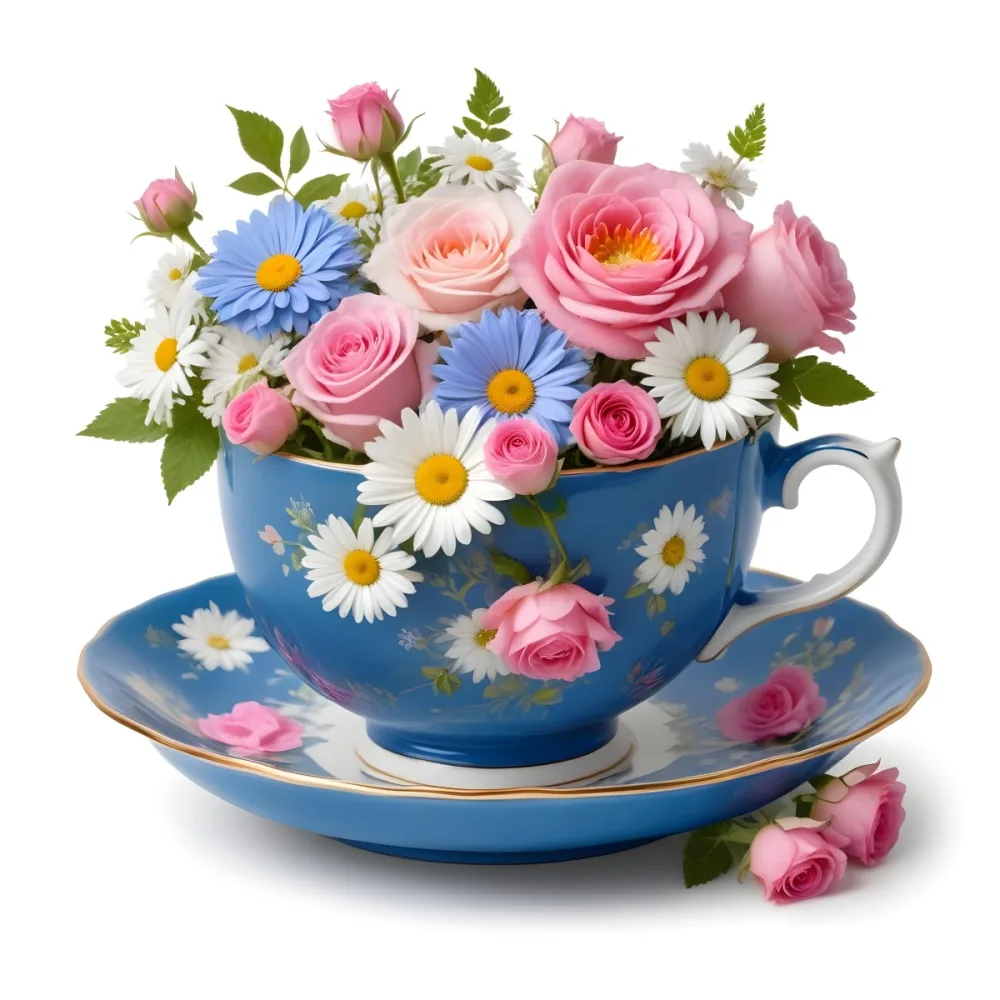 A Blue And White Teacup Filled With Pink Roses White Daisies And Other Colorful Flowers Against A White Background 10 25df