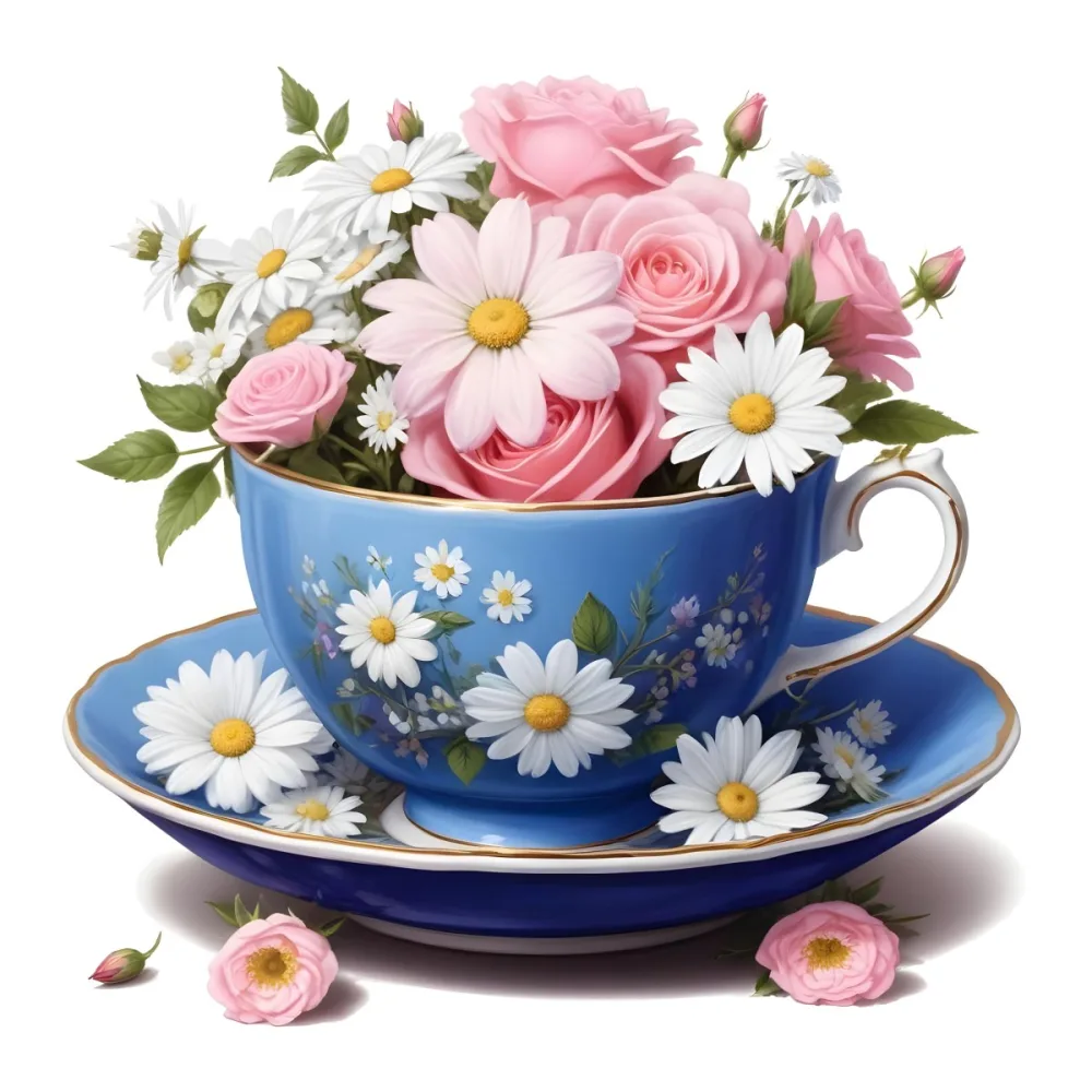 A Blue And White Teacup Filled With Pink Roses White Daisies And Other Colorful Flowers Against A White Background 14 316d