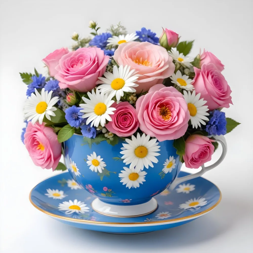 A Blue And White Teacup Filled With Pink Roses White Daisies And Other Colorful Flowers Against A White Background 19 C427