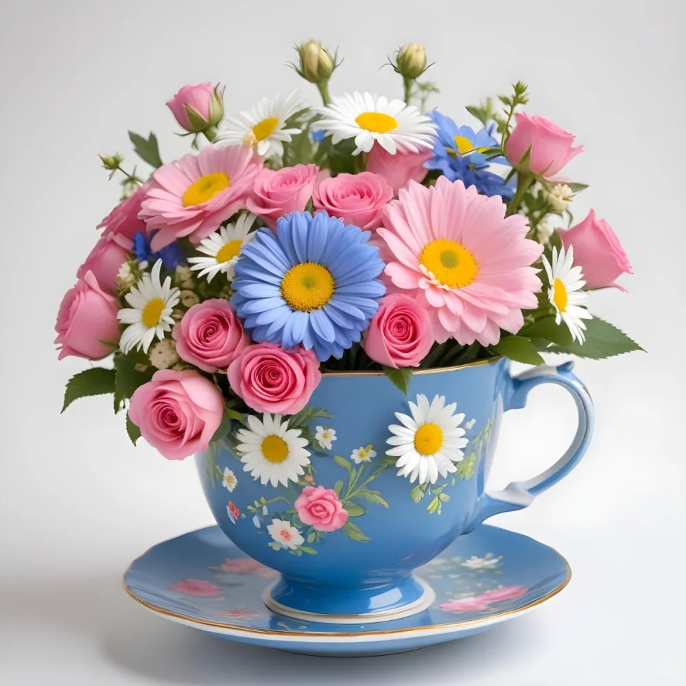 A Blue And White Teacup Filled With Pink Roses White Daisies And Other Colorful Flowers Against A White Background 21 5916