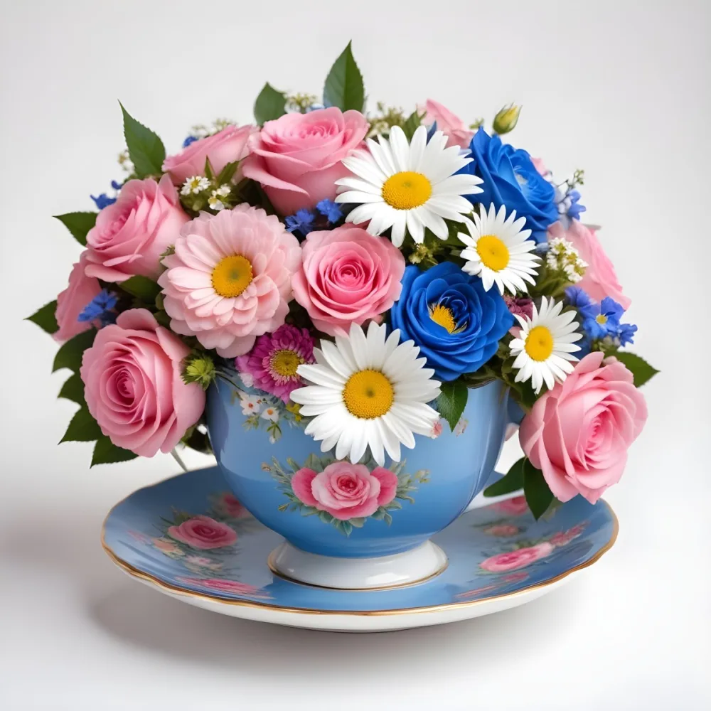 A Blue And White Teacup Filled With Pink Roses White Daisies And Other Colorful Flowers Against A White Background 26 021b