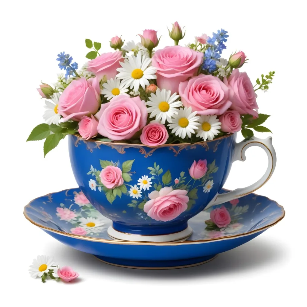 A Blue And White Teacup Filled With Pink Roses White Daisies And Other Colorful Flowers Against A White Background 28 Ef02