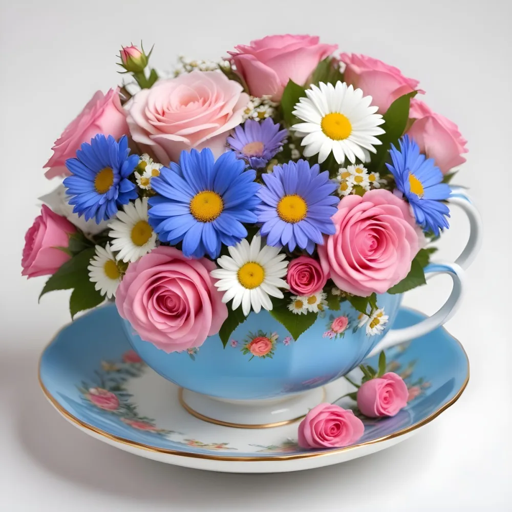 A Blue And White Teacup Filled With Pink Roses White Daisies And Other Colorful Flowers Against A White Background 31 3586
